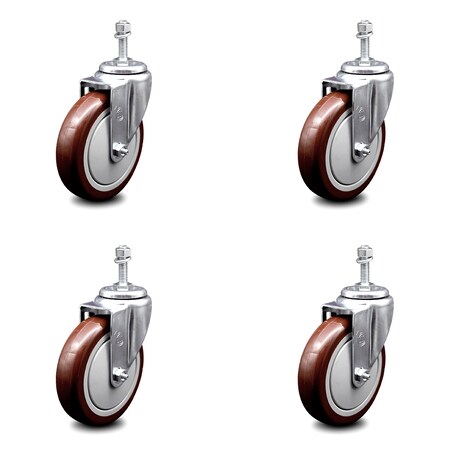 Service Caster 5 Inch Maroon Polyurethane Wheel Swivel 3/8 Inch Threaded Stem Caster Set SCC SCC-TS20S514-PPUB-MRN-381615-4